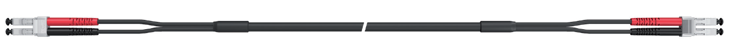 Duplex-LWL-Kabel mit zwei LC-Steckern an jedem Ende, schwarz mit roten und schwarzen Markierungen.