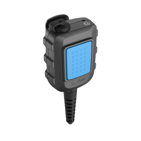 Schwarzes tragbares Kommunikationsgerät mit blauem Knopf und Kabelverbindung.