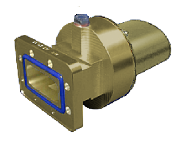 7000-00621000_rfs_01.png Metallic waveguide adapter with rectangular flange and blue rim.