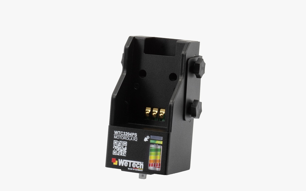Schwarzes Ladegerät mit Logo und QR-Code auf der Vorderseite.