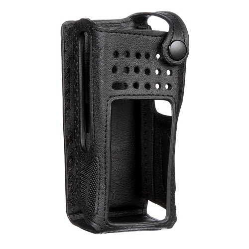 7000-00409100_mot_01.jpg Schwarze Leder-Gürteltasche mit Aussparungen und Druckknopf oben