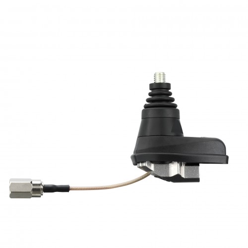 Antenna cable with black plug and metal socket, side view.