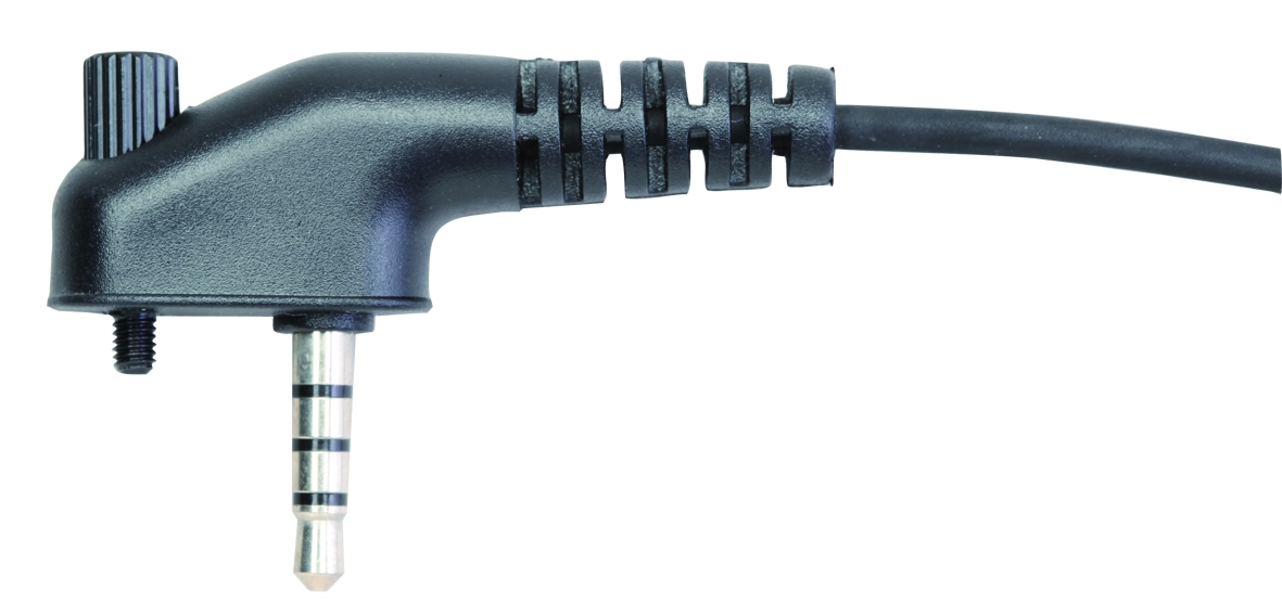 Schwarzer 3,5-mm-Klinkenstecker mit Kabel und zusätzlichem Drehknopf.