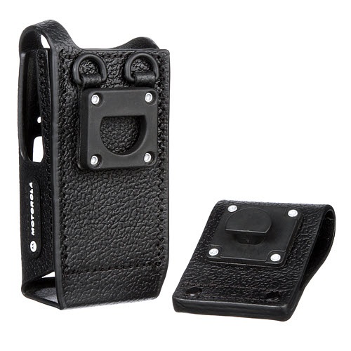 Schwarze Ledertasche und Gürtelclip für Funkgerät.