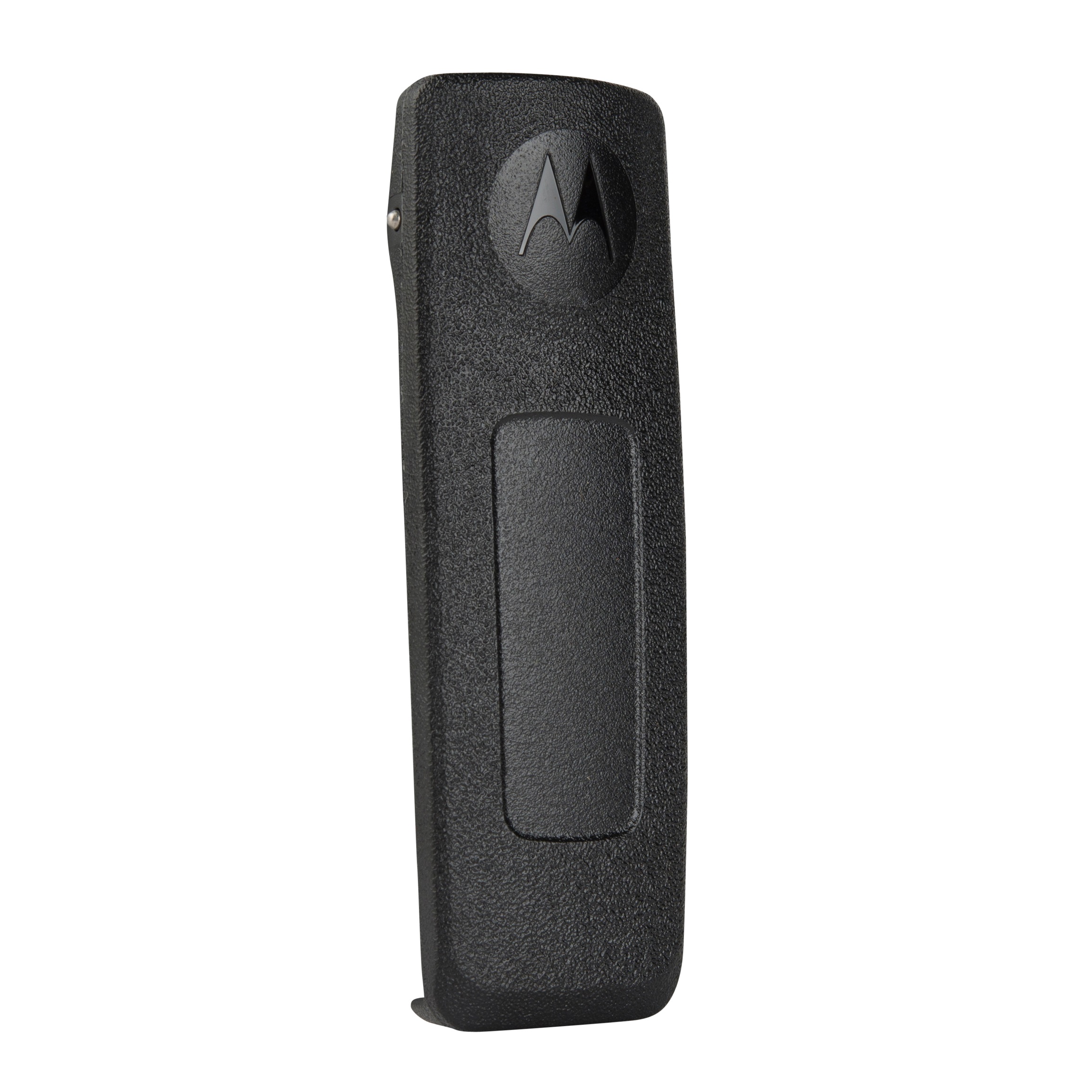 Schwarzer Kunststoffclip mit Motorola-Logo auf der Oberseite.