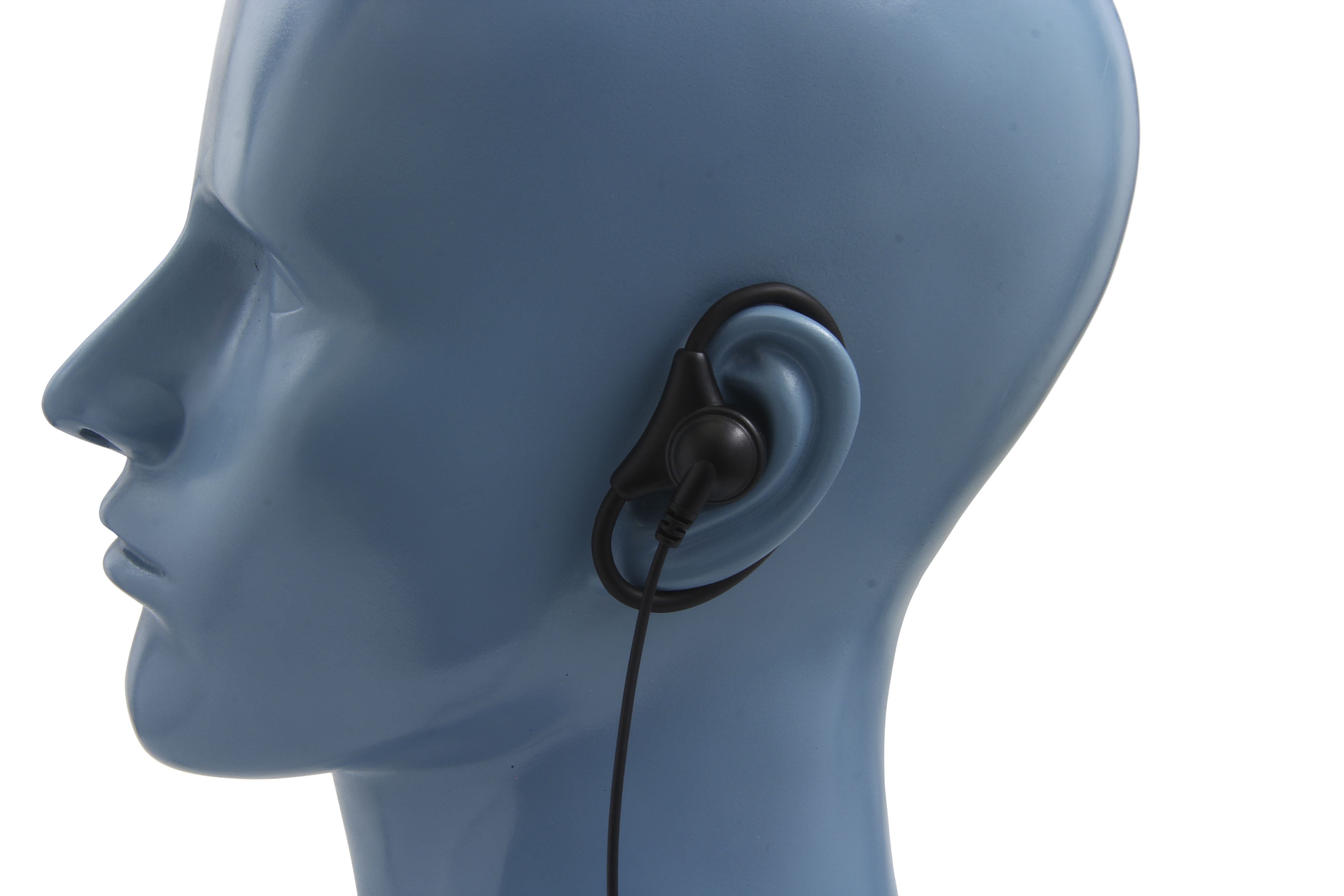 Blue head with a black earpiece on the left ear.