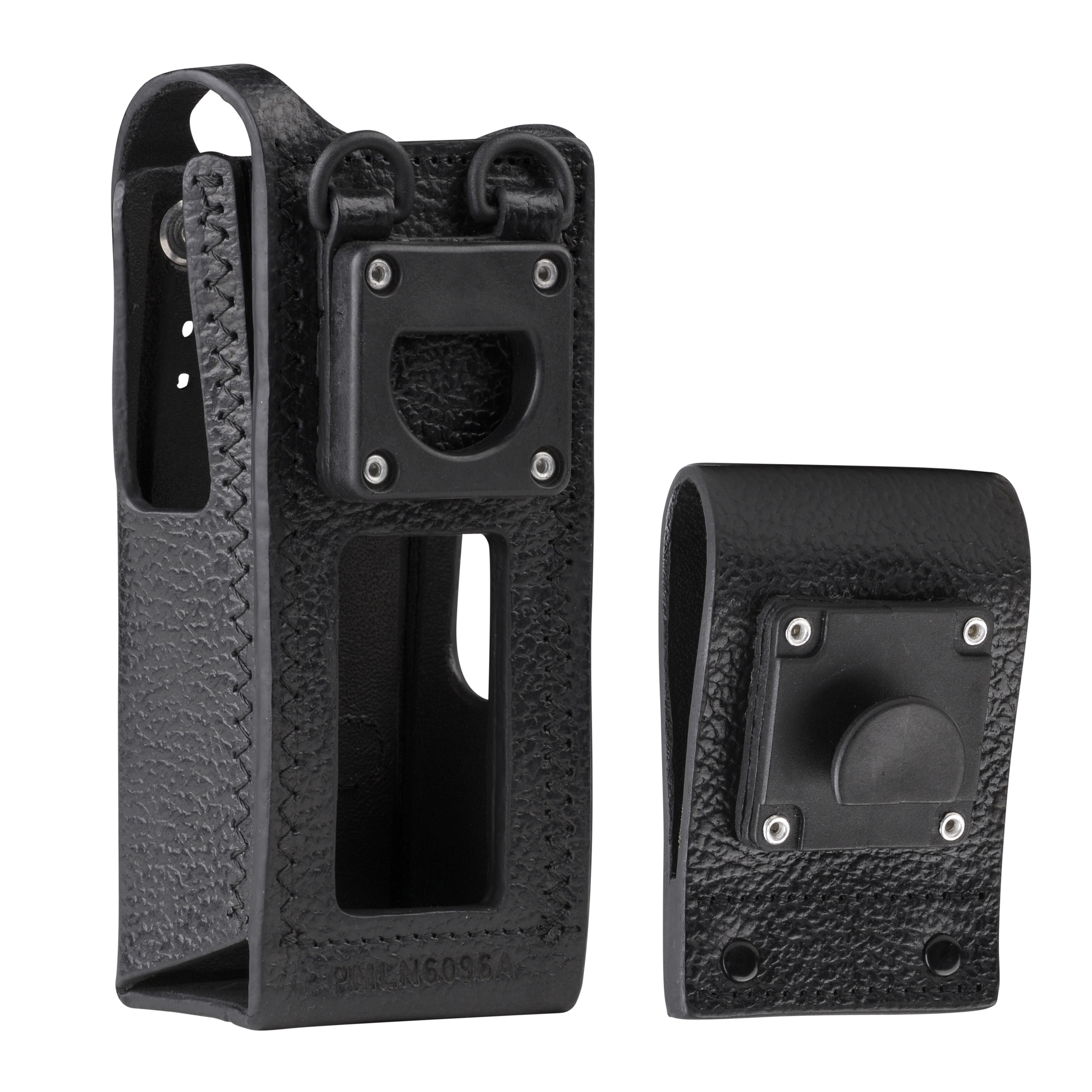 Black leather case with mounting clip, open for device.