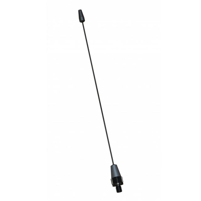 Black vehicle antenna with screw thread at the bottom.