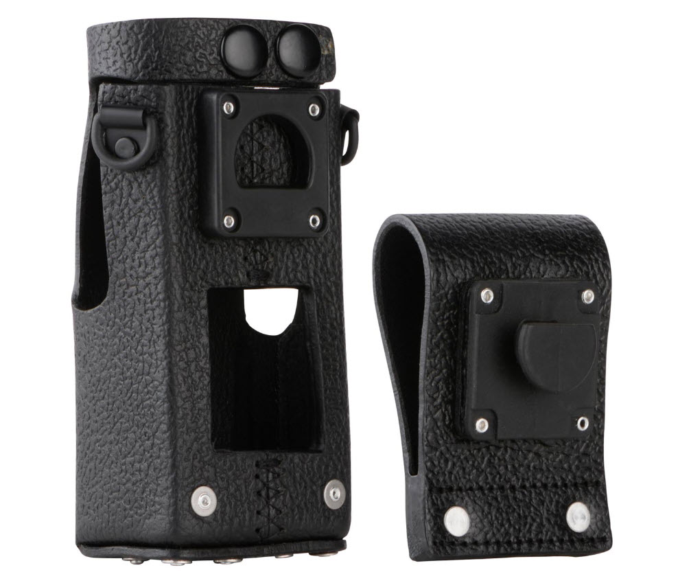 Schwarze Schutzhülle und Halter aus Kunststoff für tragbares Gerät.