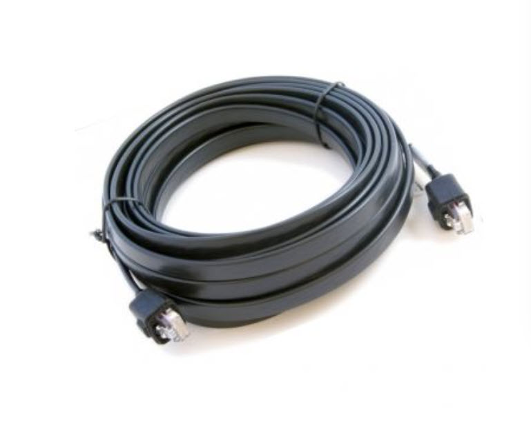 Coiled black network cable with RJ45 connectors.