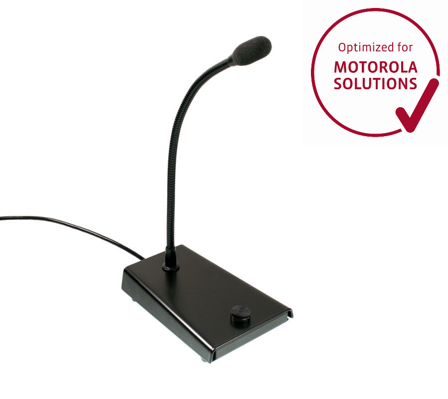 Black table microphone with flexible gooseneck, next to Motorola Solutions logo.