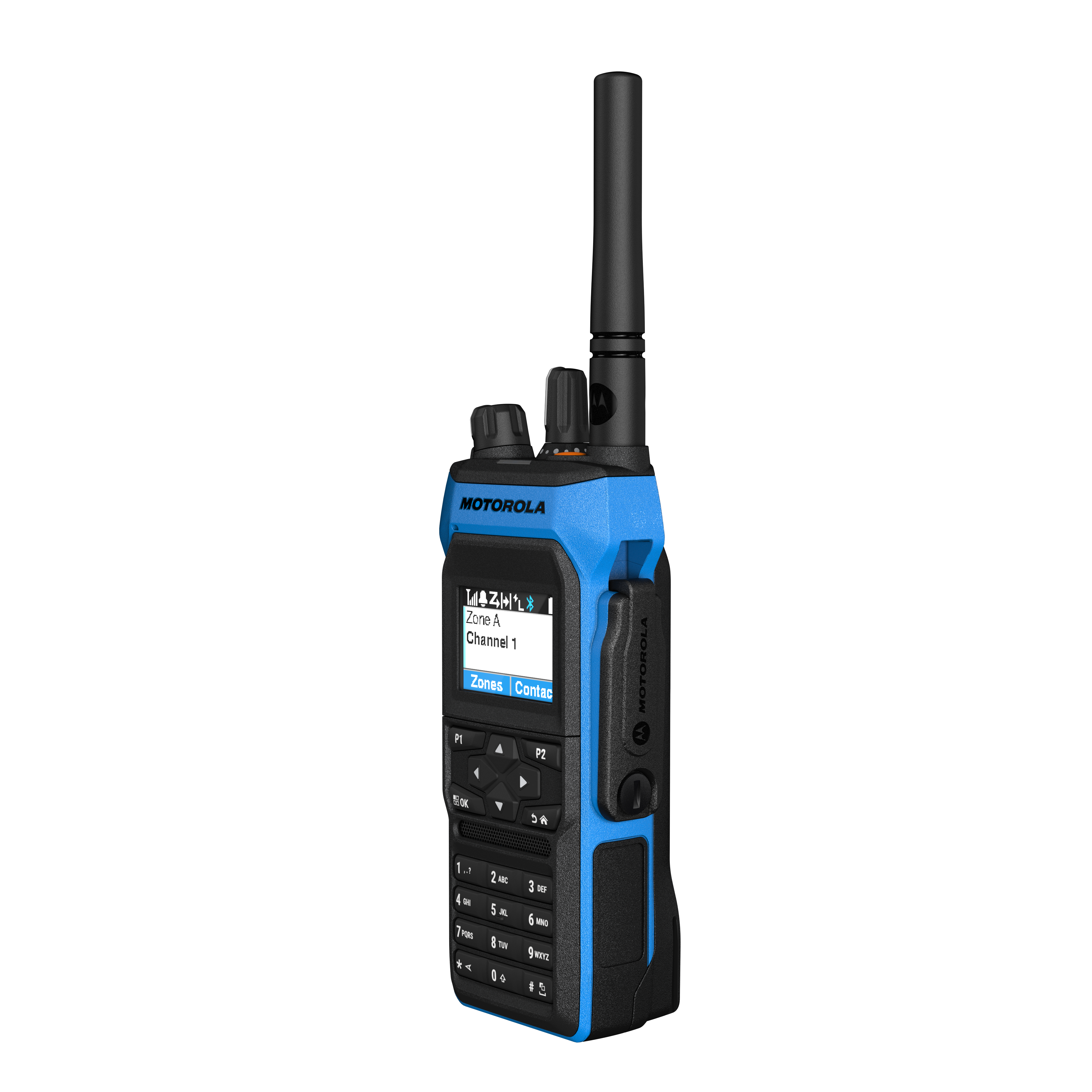Funkgerät mit Bildschirm, Tasten und Antenne, Markenname oben.