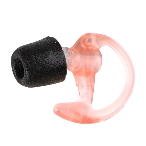 An earplug with black foam and a pink hook.