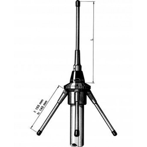 Technical drawing of a vertical VHF antenna with four radials, dimensions specified.