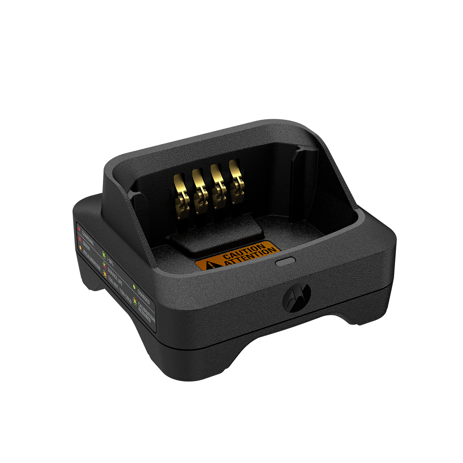 7000-00751521_mot_01.png Schwarzes Ladegerät für Batterien mit vier goldenen Kontaktelementen.
