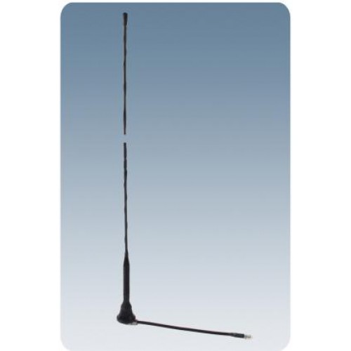 Black flexible antenna with cable on blue background.