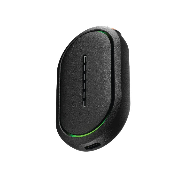 Schwarzes, ovales Gerät mit einem USB-C-Anschluss und grüner LED-Anzeige.