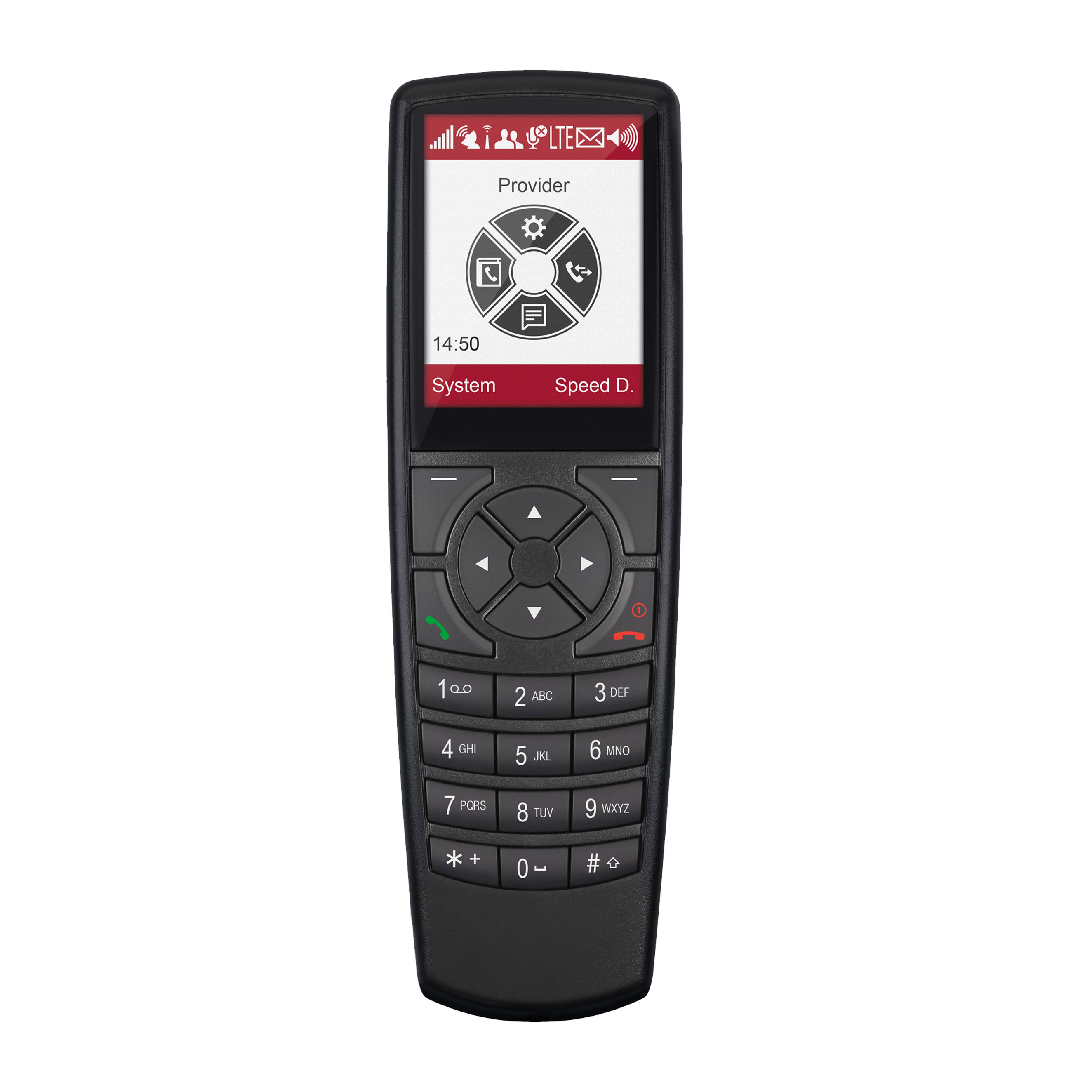 PTC6-HA59.jpg Schwarzes Funkgerät mit Tastenfeld und Bildschirm, Zeit 14:50, LTE-Symbol sichtbar.