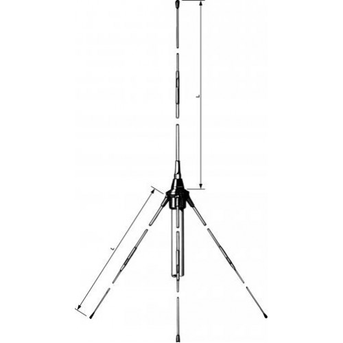 Technical drawing of a vertical radiator antenna with marked lengths.