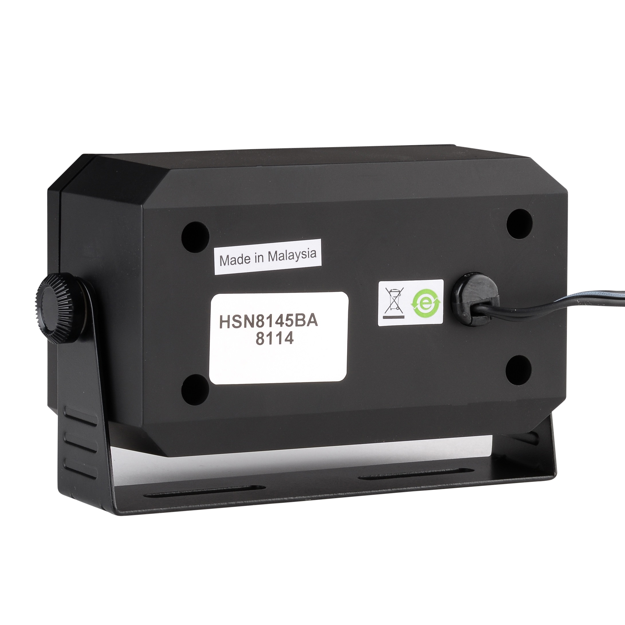 Black LED floodlight, rear view, sticker 'Made in Malaysia', cable connected.