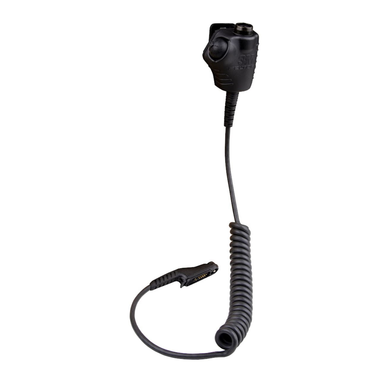 Black coiled cable with jack connector and plug.