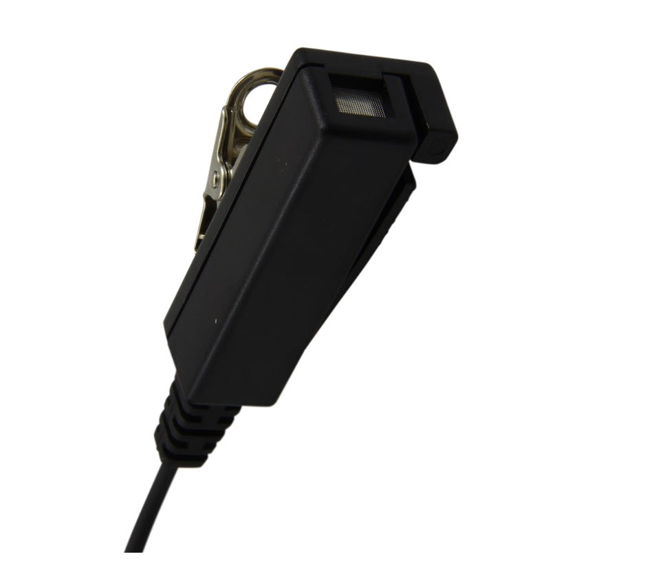 Schwarze Kunststoffklemme mit Stoffeinsatz und Kabel.