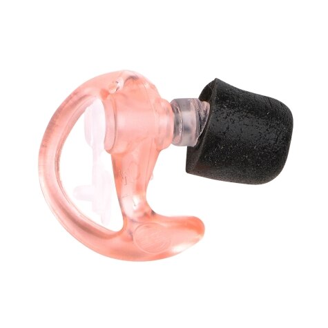 Black earplug with pink silicone grip.