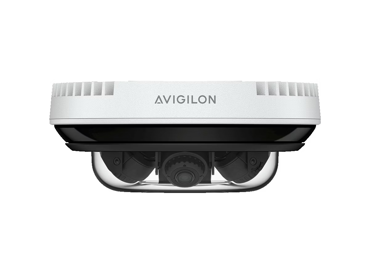 Weiße Überwachungskamera mit mehreren Linsen.