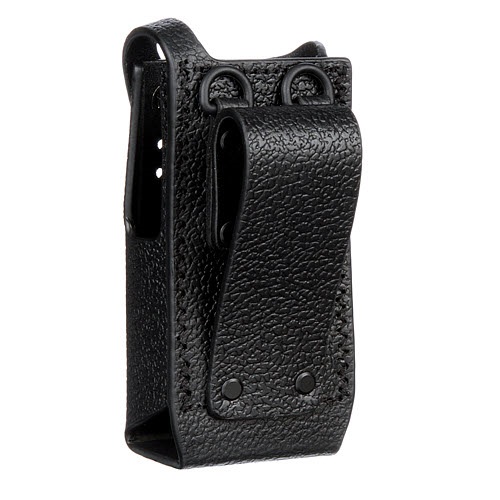 Black, textured belt holster made of faux leather with a flap closure.