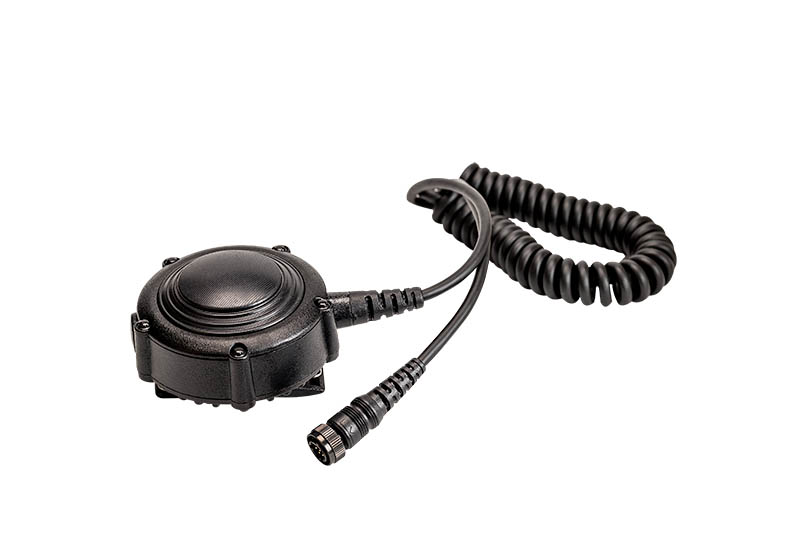 Runder schwarzer Sensor mit Spiralkabel und Stecker.