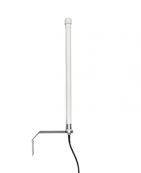Weiße zylindrische Antenne mit Kabel, an Metallhalterung befestigt.