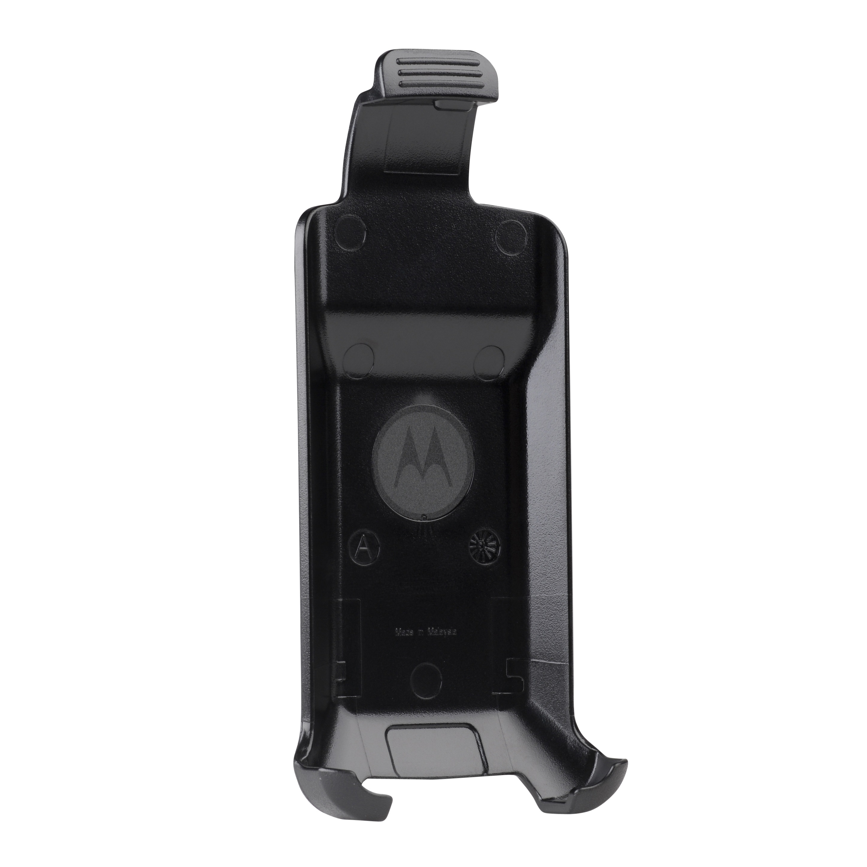 Black plastic smartphone holder with a clip on top.