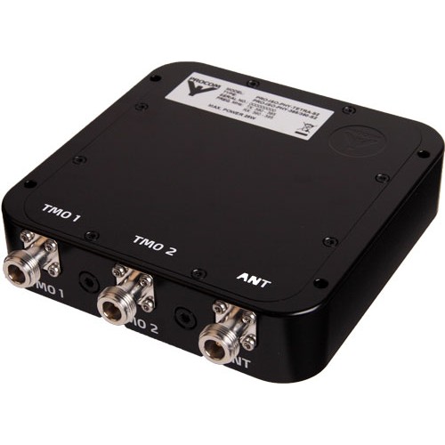 Black square network splitter with three ports. Labeled TMO1, TMO2, ANT.