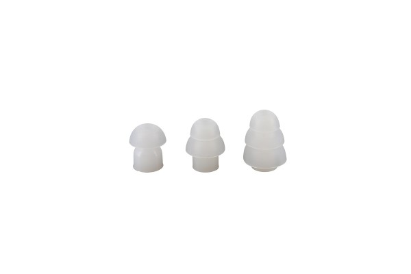 Three white, mushroom-shaped silicone caps in various sizes.
