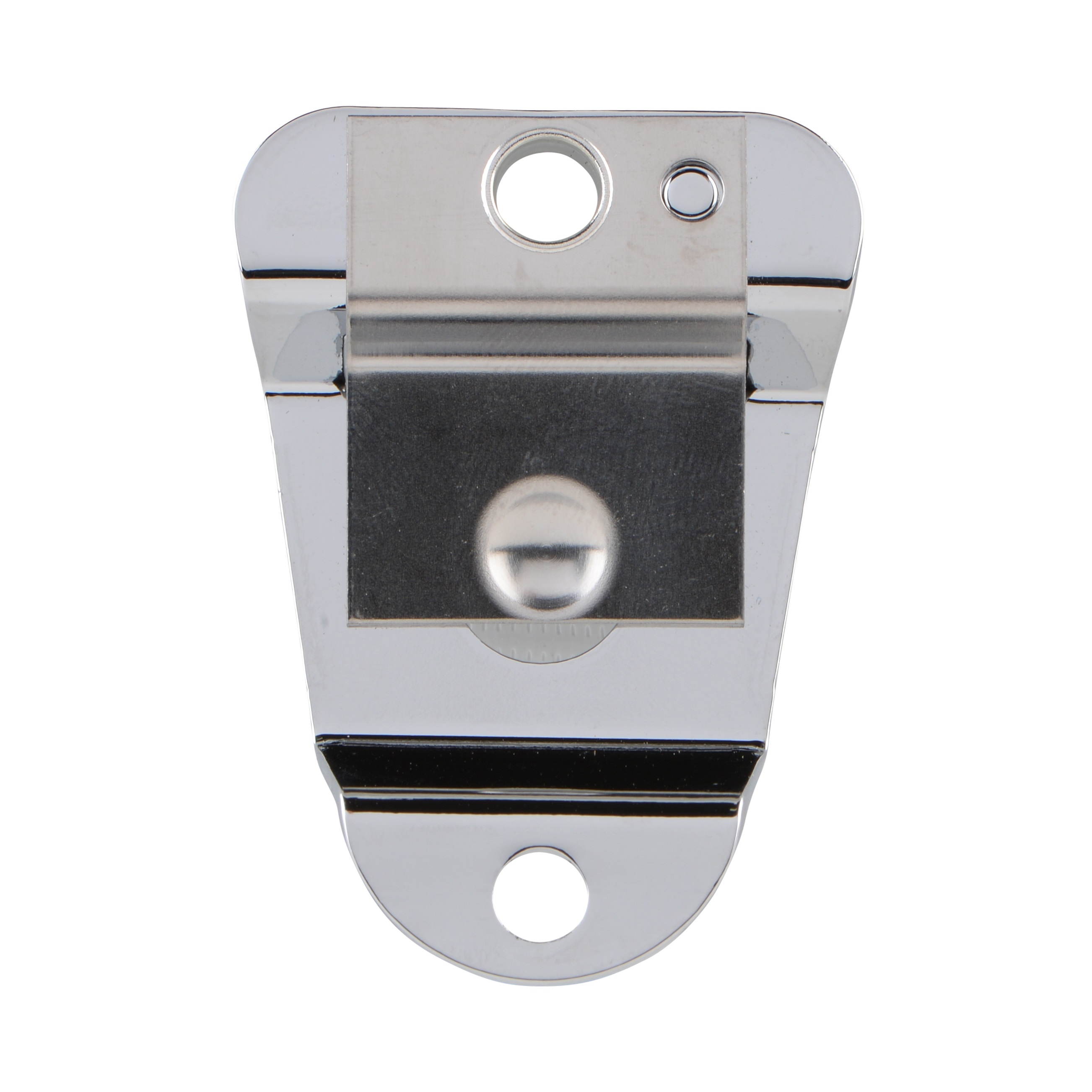 Chrome bottle opener with two mounting holes.