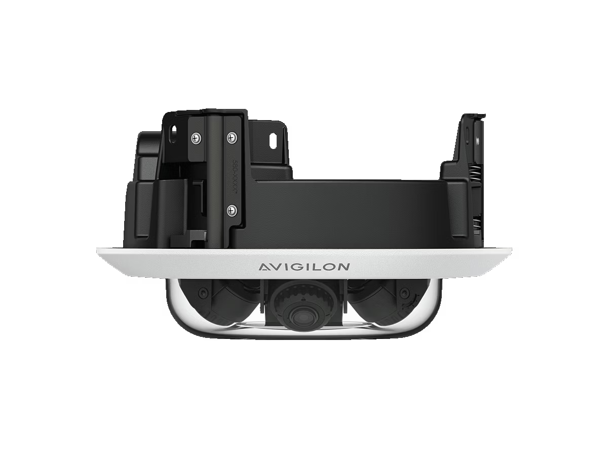 Sicherheitskamera in schwarz und weiß, mit Avigilon-Logo auf der Unterseite.