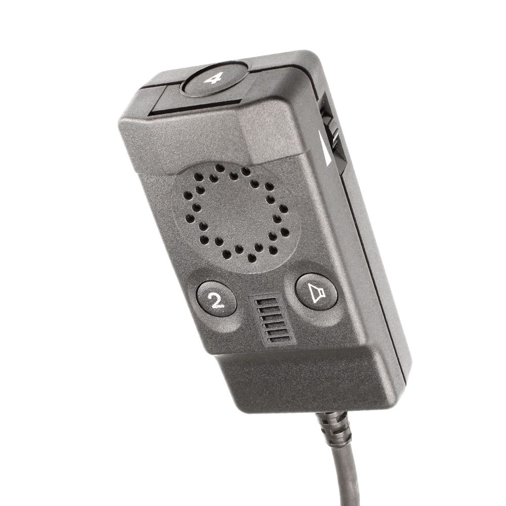 6310-010-000-51-1.jpg Graues elektronisches Gerät mit Knöpfen, Kabel und Lautsprechergitter.