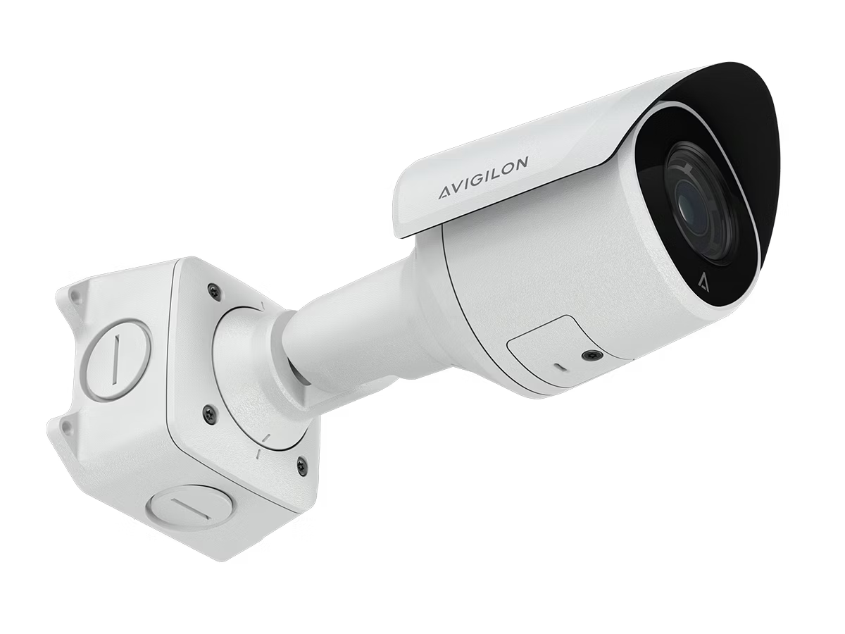 White surveillance camera with a mountable arm.