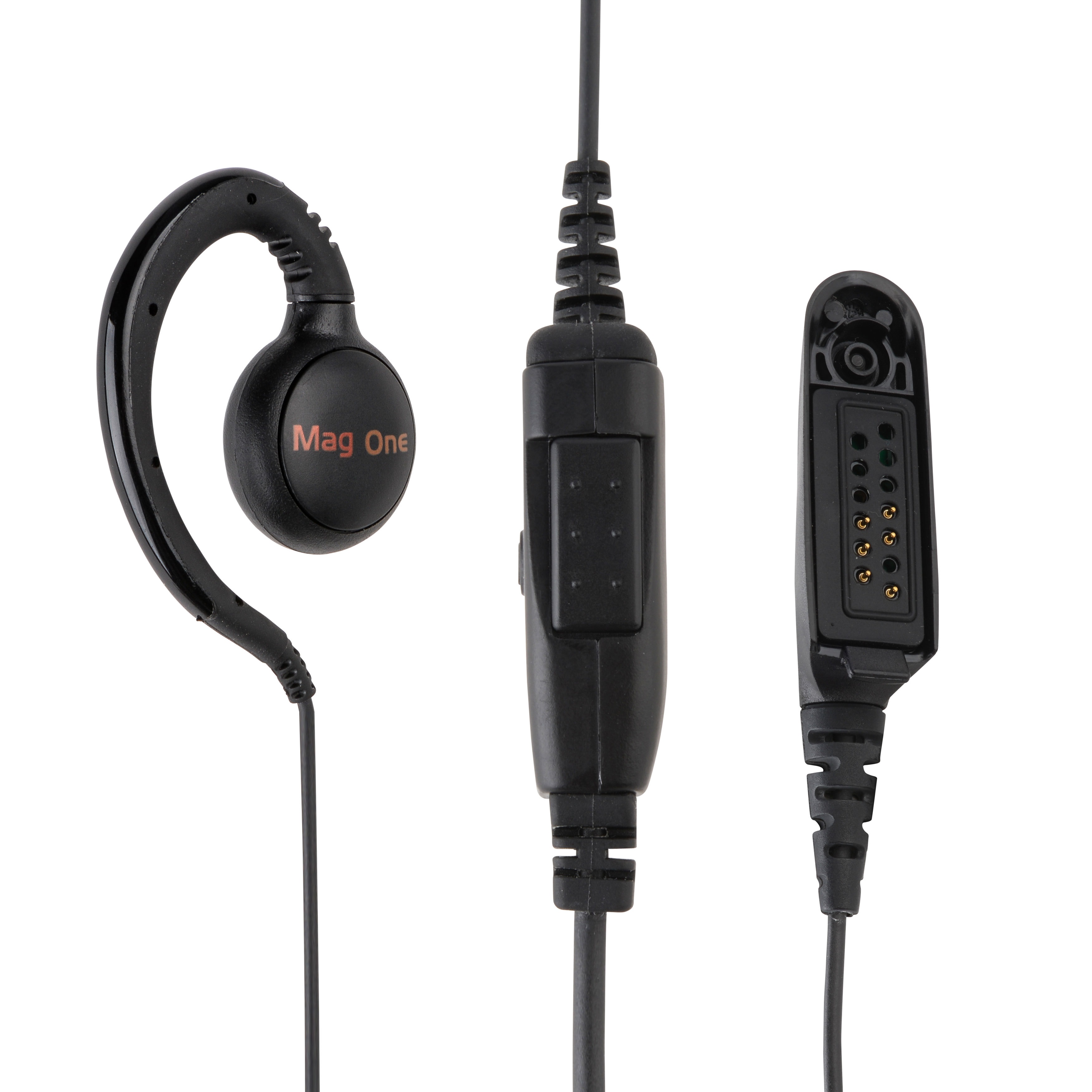 Earbud with ear hook, microphone, and connector cable.