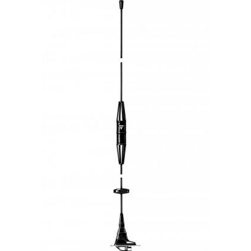 Schwarze Fahrzeugantenne mit mittlerem Element und Sockel für Dachmontage.