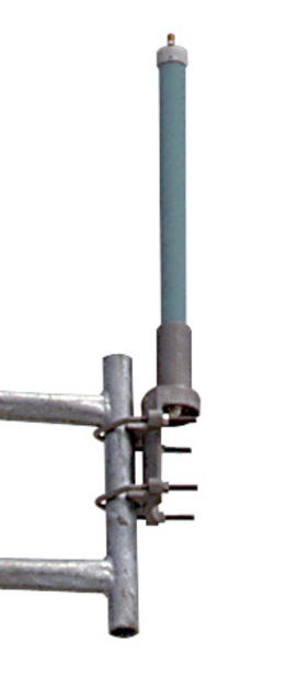Metal mast with blue cylindrical antenna mounted.