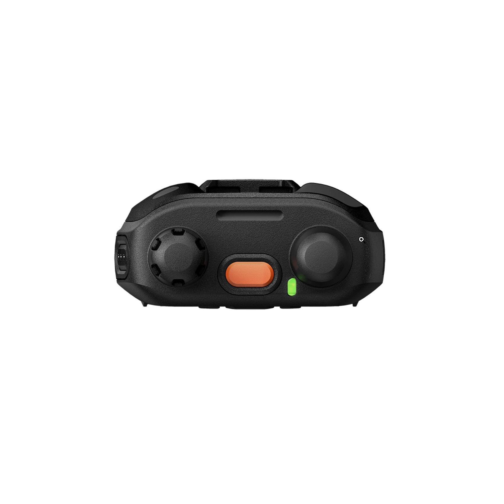 Black electronic device with orange button and dial