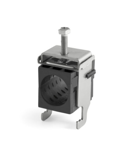 Kabelklemme aus Metall mit Schraube und schwarzem Kunststoffteil.