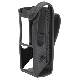 Black radio holster with snap closure.