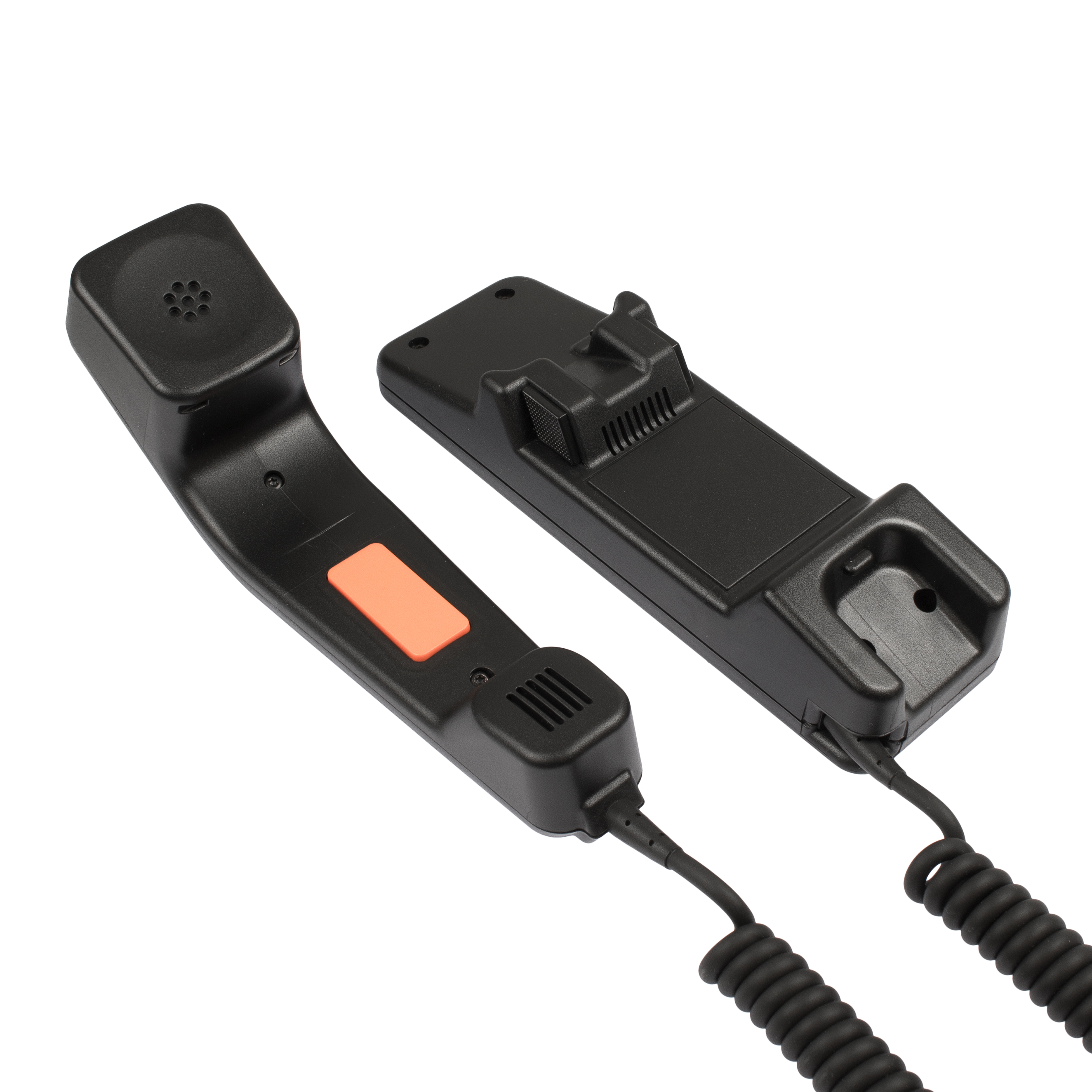 Schwarzer Telefonhörer mit orangener Taste, Spiralkabel, Hörerbasis.