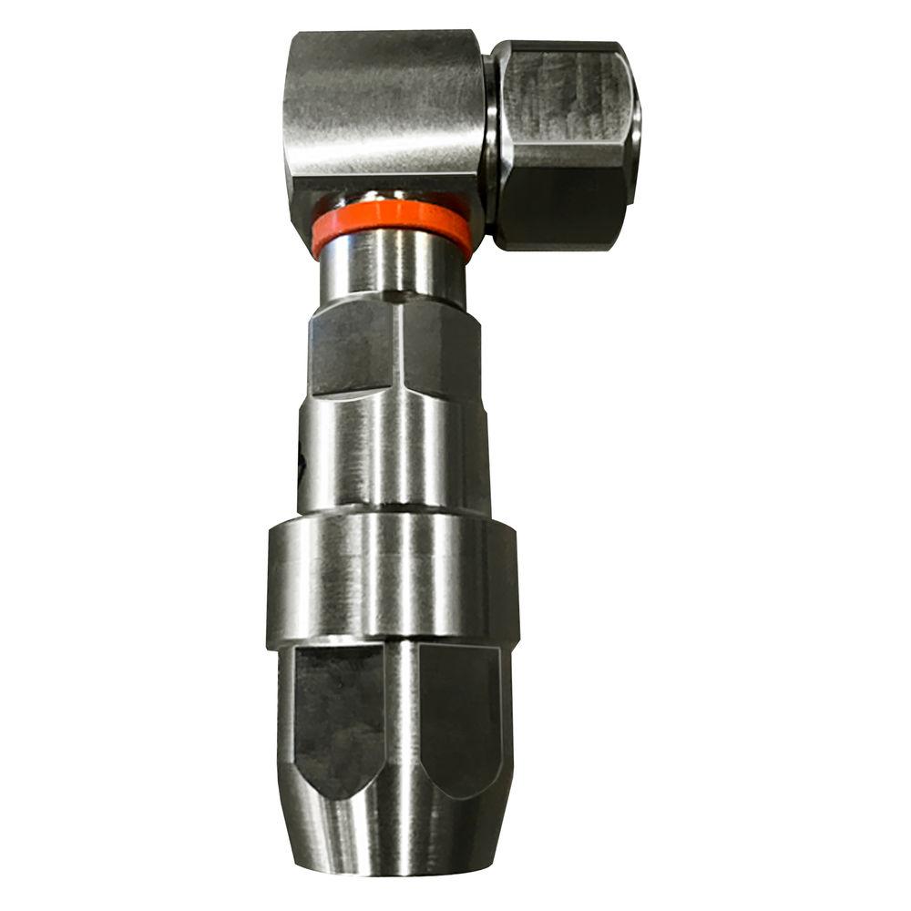 Metal 90-degree fitting with red sealing ring.