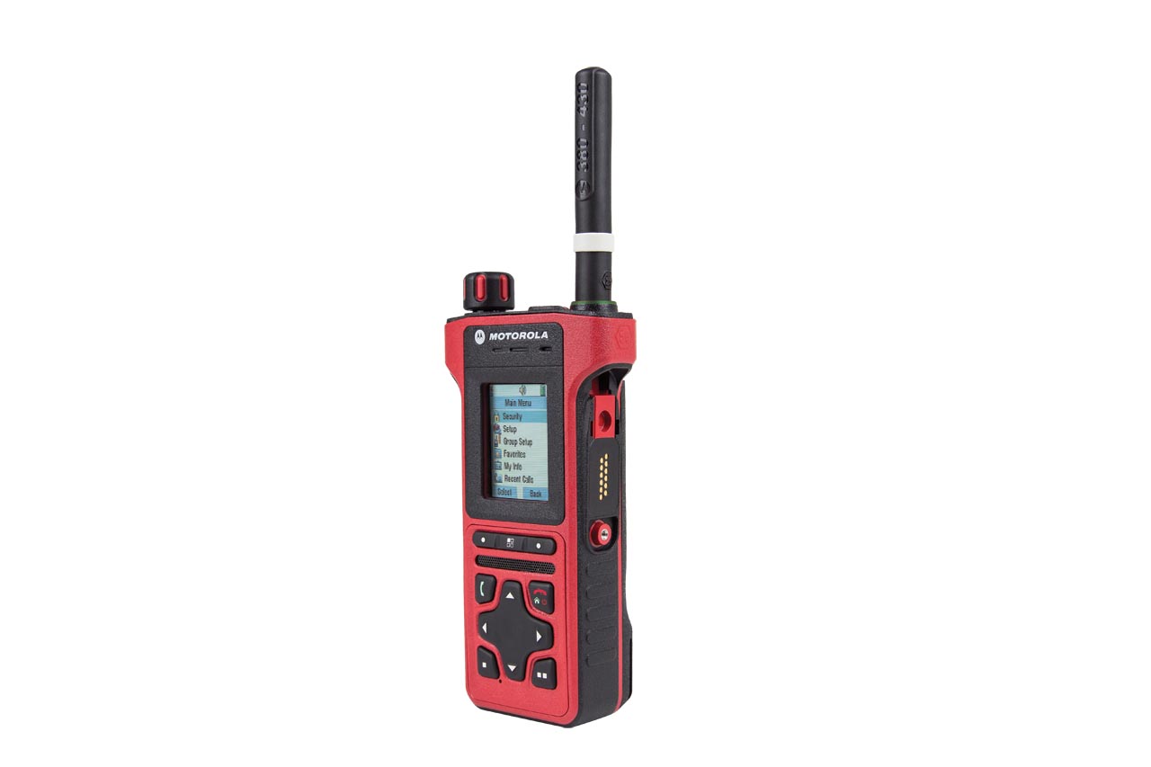 Red handheld radio with display and antenna, Motorola logo visible.
