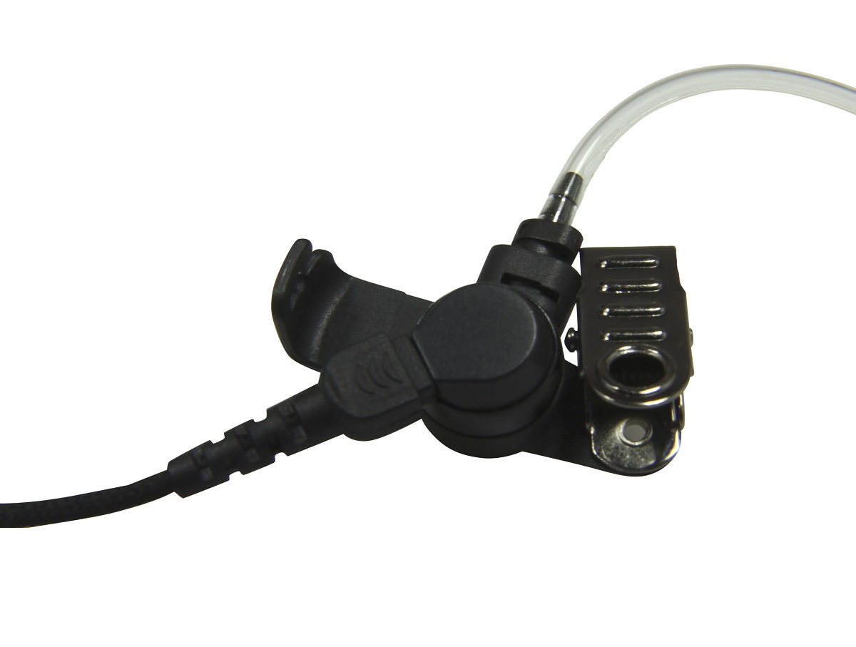 Black headset earpiece with clear tube and metal clip.