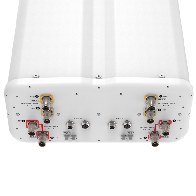 White device with multiple connectors and labels.