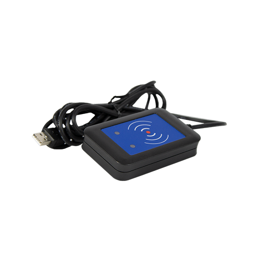 USB-RFID-Lesegerät mit blauem Feld und Symbolen für drahtloses Signal.